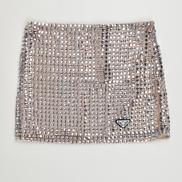 Prada Embellished Crystal Sequin Silver Mirrored Mini Skirt - Picture 6 of 9